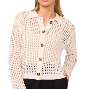 Halogen Open Weave Button Front Cardigan Cream L NWT Lightweight Layering